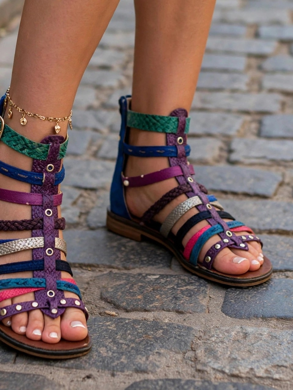 Aldo Multicolor Strappy Gladiator Sandals in Purple, Blue, Green and Pink